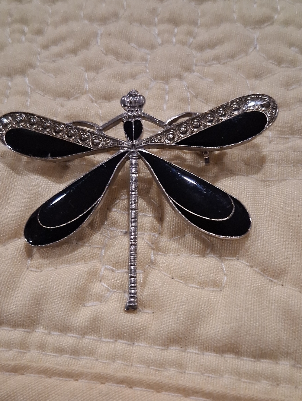 Black Enamel Dragonfly Brooch with Silver Accents